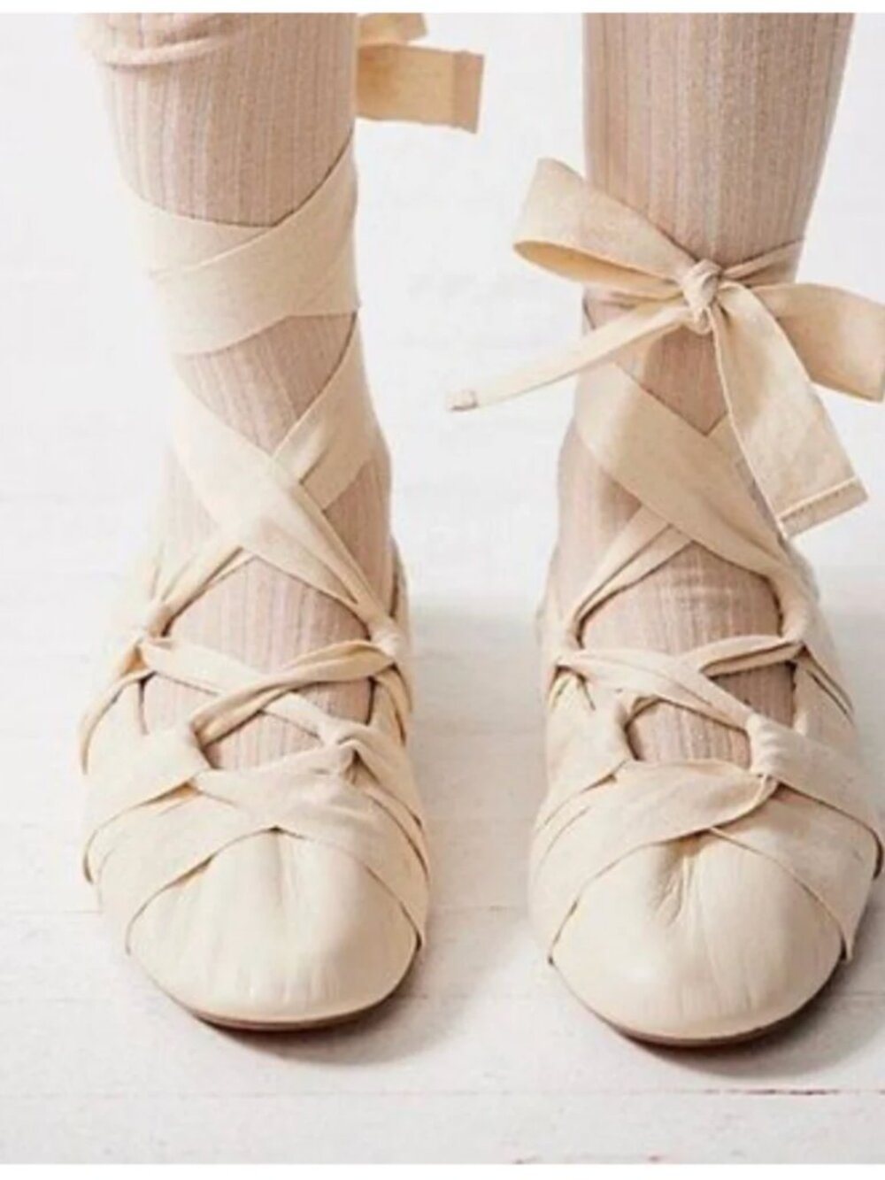 Free People Cece Wrap Ballet Flat Shoes Lace Up Ribbon Ballerina Ivory Size 9